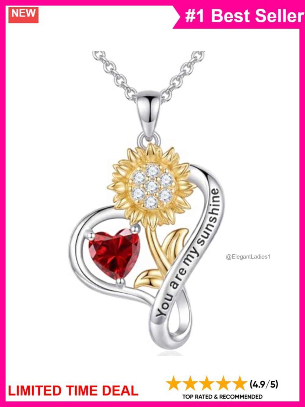 Sunflower Heart Pendant Necklace 18K Gold Plated Sterling Silver CZ Gift